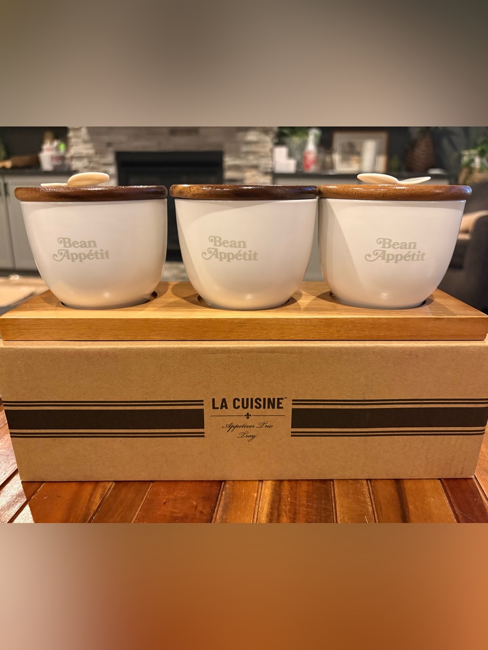 La Cuisine Bean Appétit 3-Pc Ceramic Appetizer Trio Acacia Wood Tray NIB